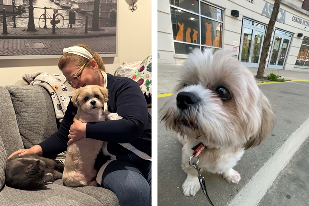 Left, Sonja with Toby and Lilo, and right, Lilo outside the Bronx clinic.